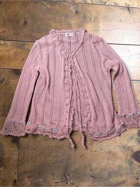 Made in Italy Pink Crochet Knit Tie Front Cardigan
